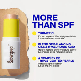 Supergoop! Glowscreen held in hand to show size and portability for on-the-go reapplication