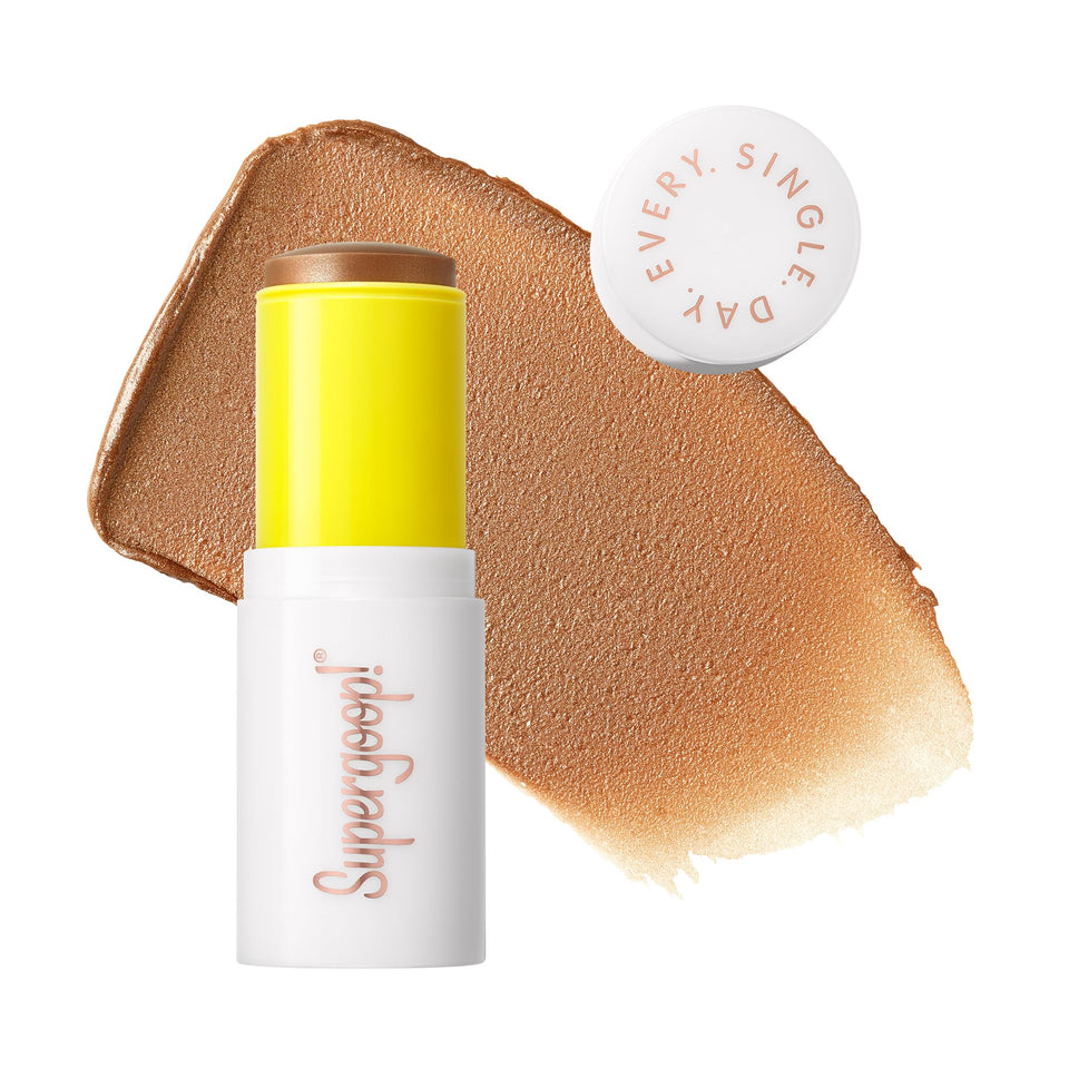 Supergoop! Glowscreen stick front view showing compact portable sunscreen glow