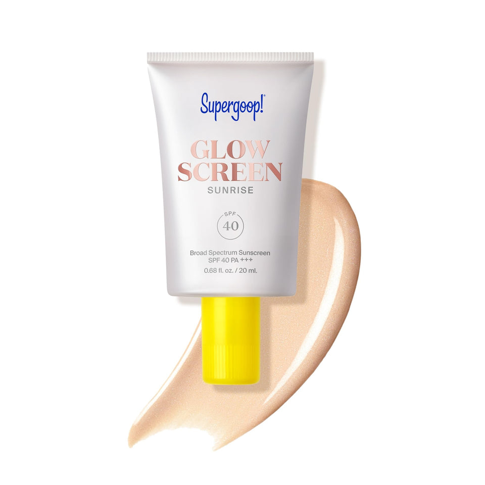 Supergoop! front packaging of Glowscreen Sunrise showing SPF and tint benefit