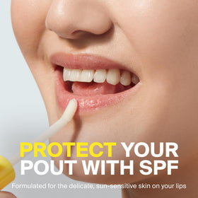 Supergoop! Lipscreen Shine next to ruler showing 0.34 fl oz travel-friendly size