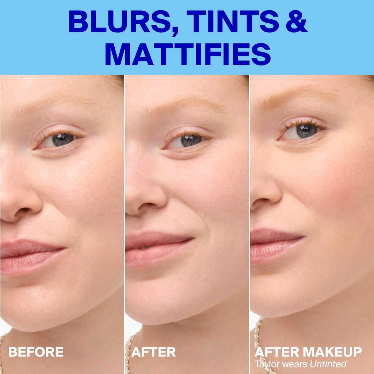 supergoop! applying Mattescreen to cheek demonstrates pore-blurring effect