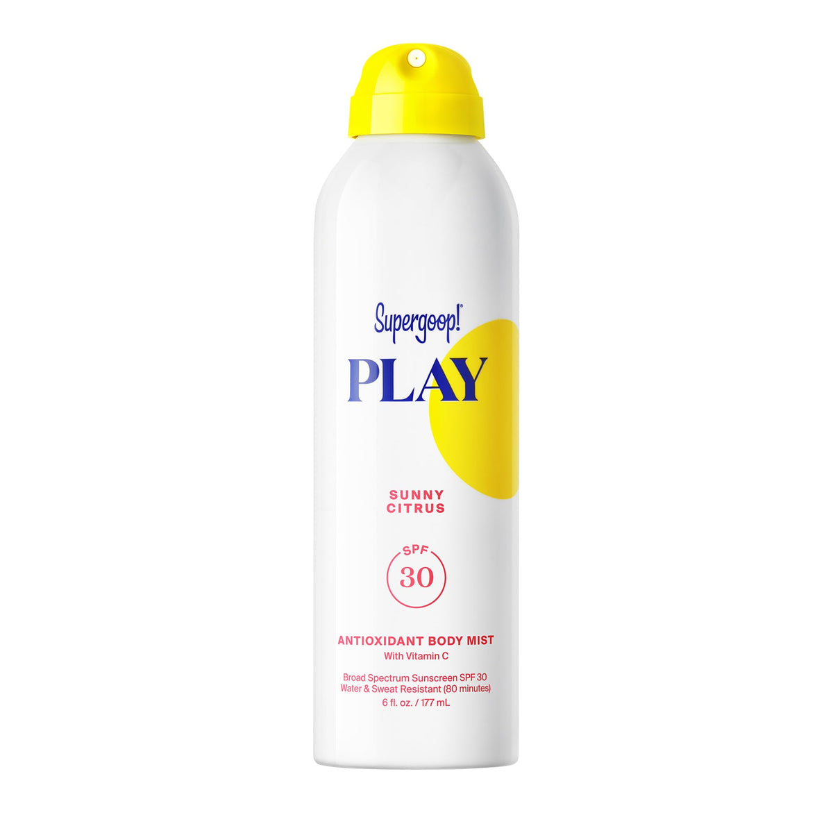 Supergoop! PLAY body mist front bottle showing size and citrus packaging for easy protection