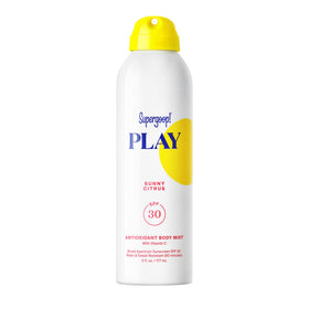 Supergoop! PLAY body mist front bottle showing size and citrus packaging for easy protection