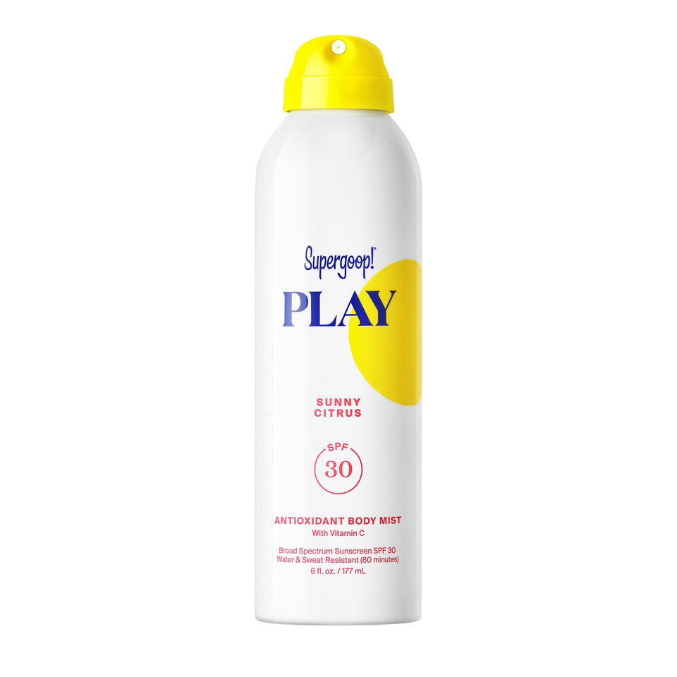 Supergoop! PLAY body mist front bottle showing size and citrus packaging for easy protection