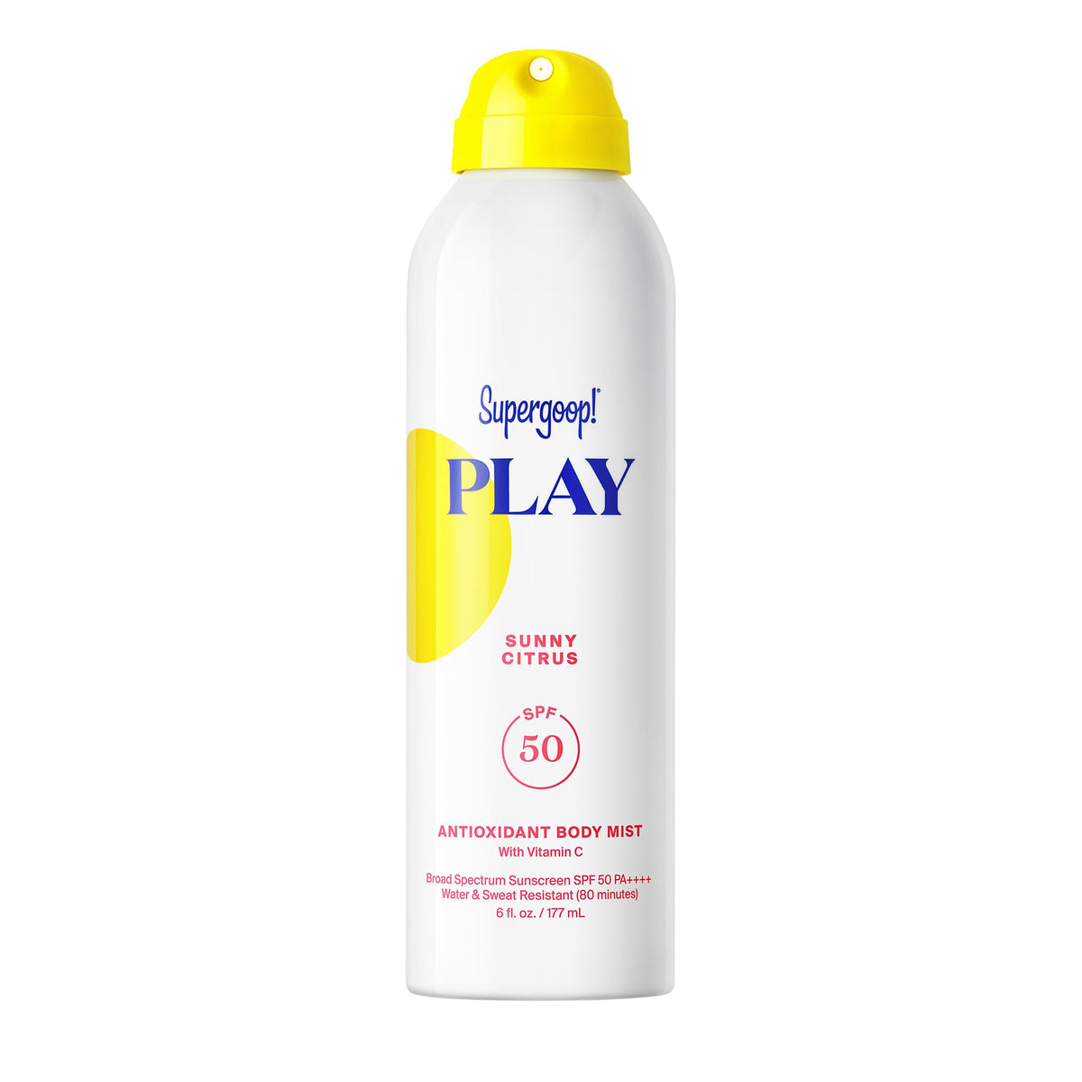Supergoop body mist front packaging showing SPF 50 protection and portable size
