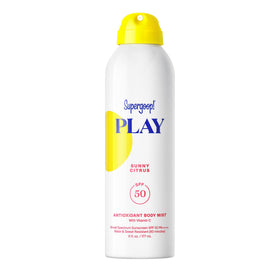 Supergoop body mist front packaging showing SPF 50 protection and portable size