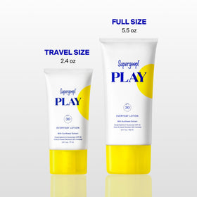 Supergoop! label close-up highlighting SPF 30 and oxybenzone-free claims