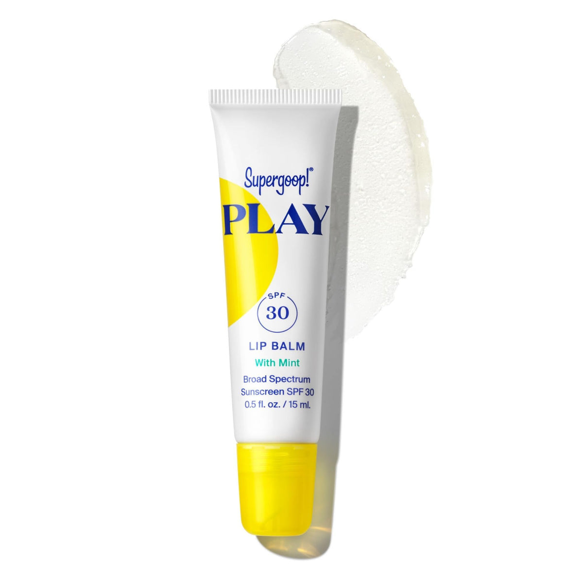 Supergoop! front tube showing mint lip balm SPF 30, protects lips outdoors
