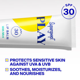 Supergoop! ingredient label showing shea butter and sunflower oil, moisturizing benefit