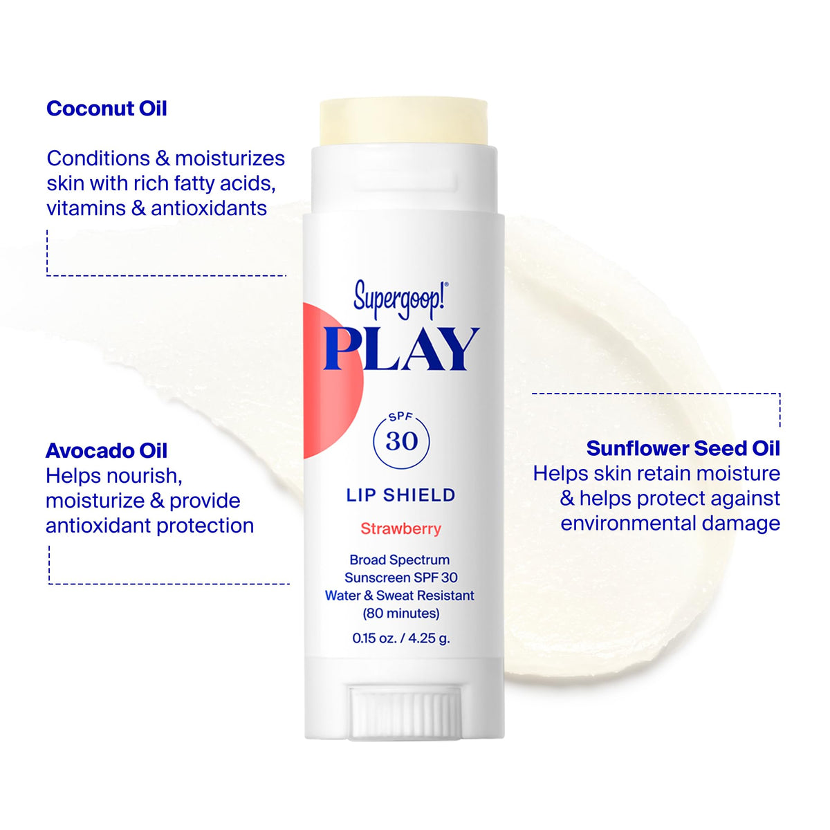 Supergoop! PLAY Lip Shield texture close-up showing creamy hydration for smooth lips