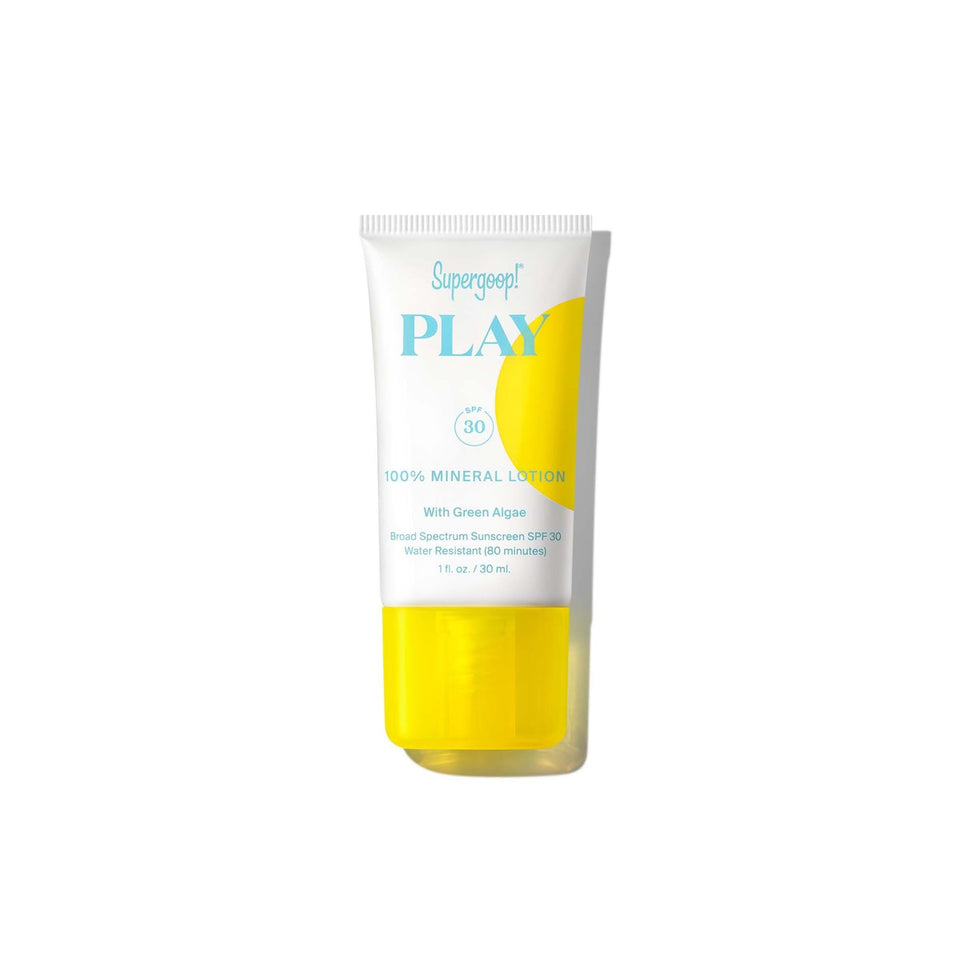 Supergoop! tube front view showing SPF protection and compact travel size benefit