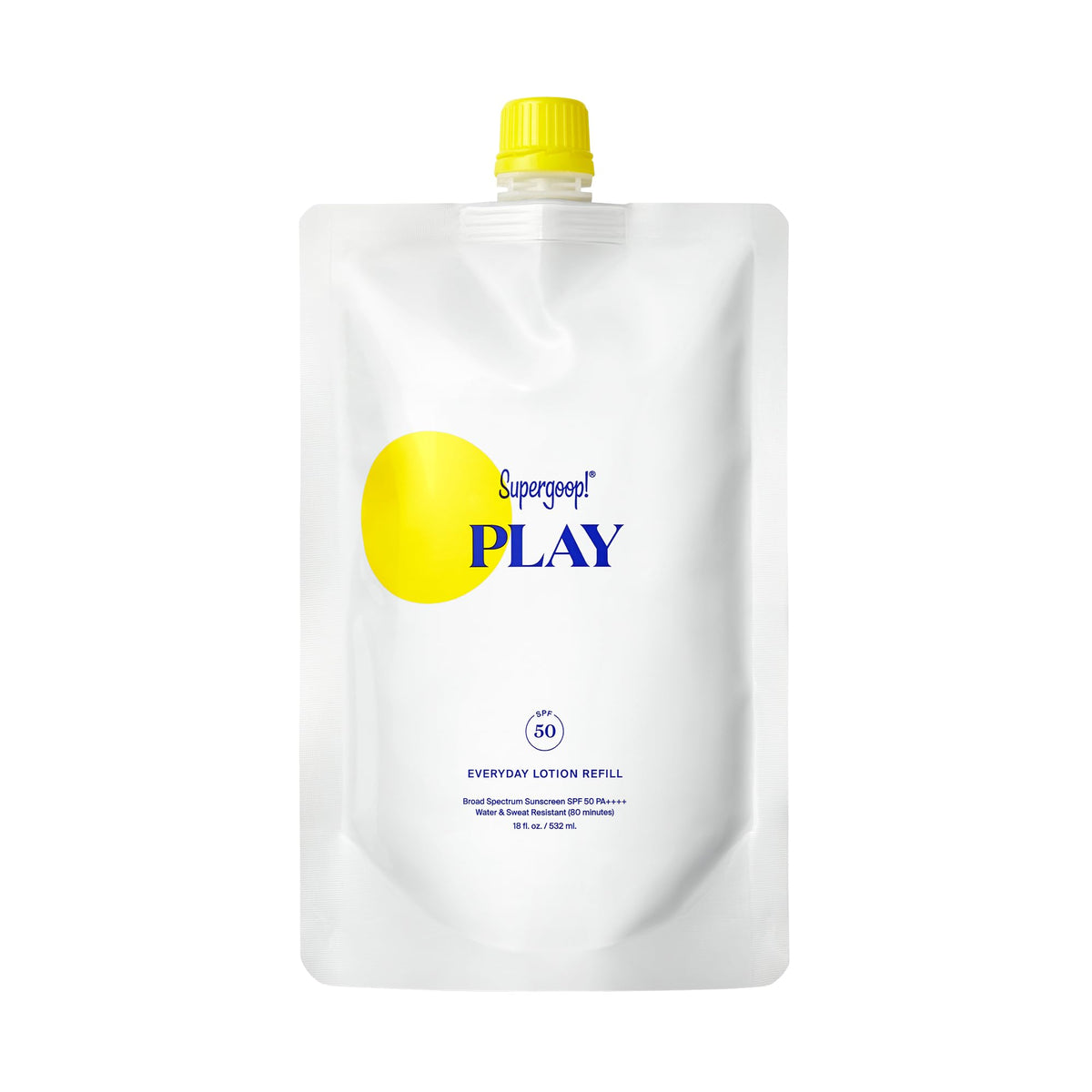 Supergoop! refill pouch front view showing SPF 50 and size benefit