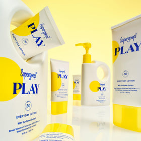 Supergoop! tube beside sunglasses suggesting travel convenience benefit