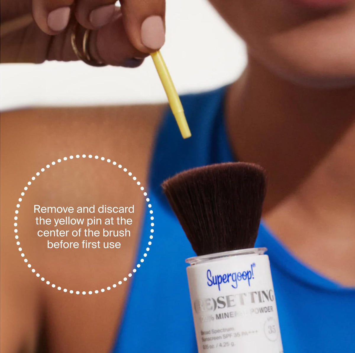 Supergoop! compact beside a coin showing compact 0.15 oz travel size