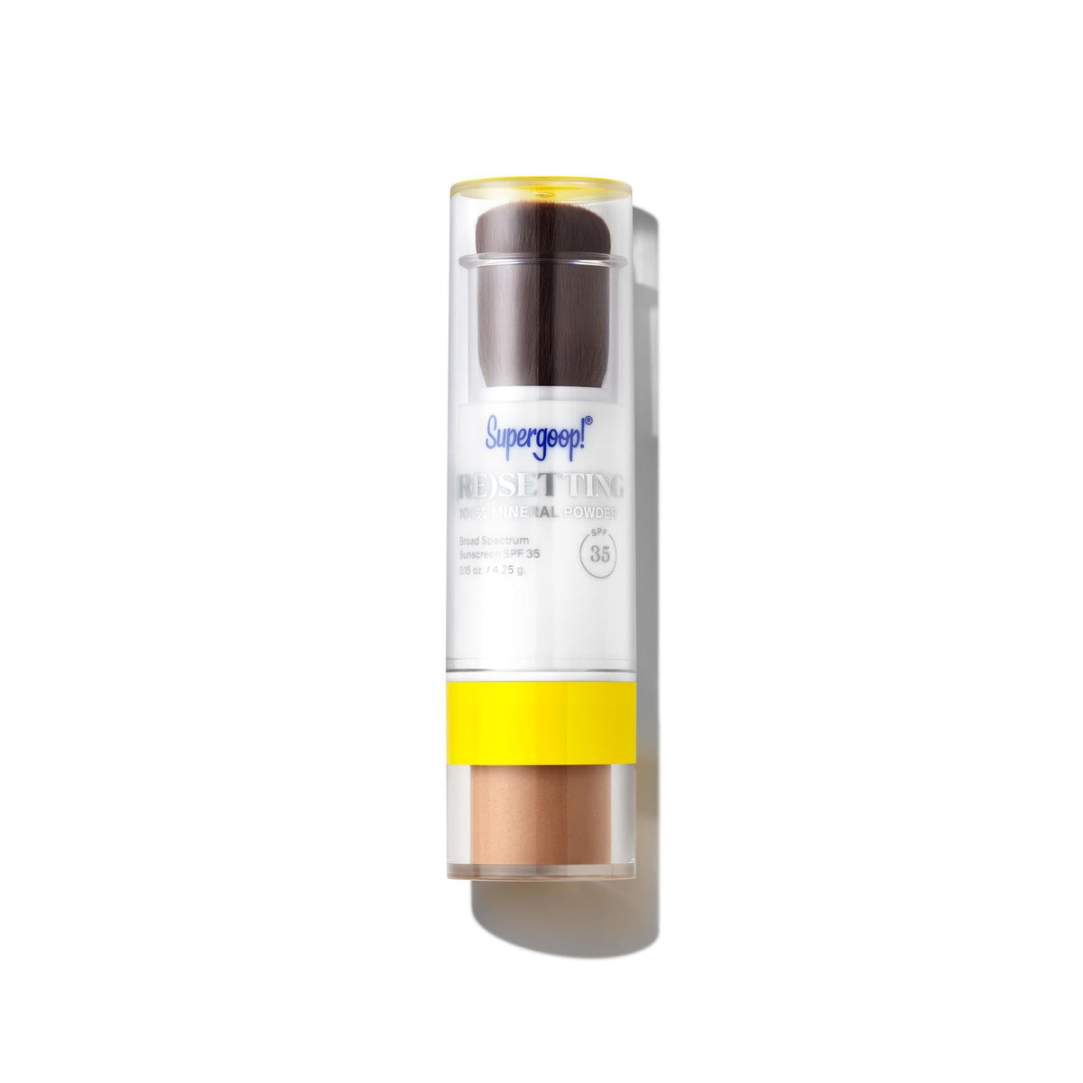 Supergoop! compact front view showing sleek packaging and SPF benefit