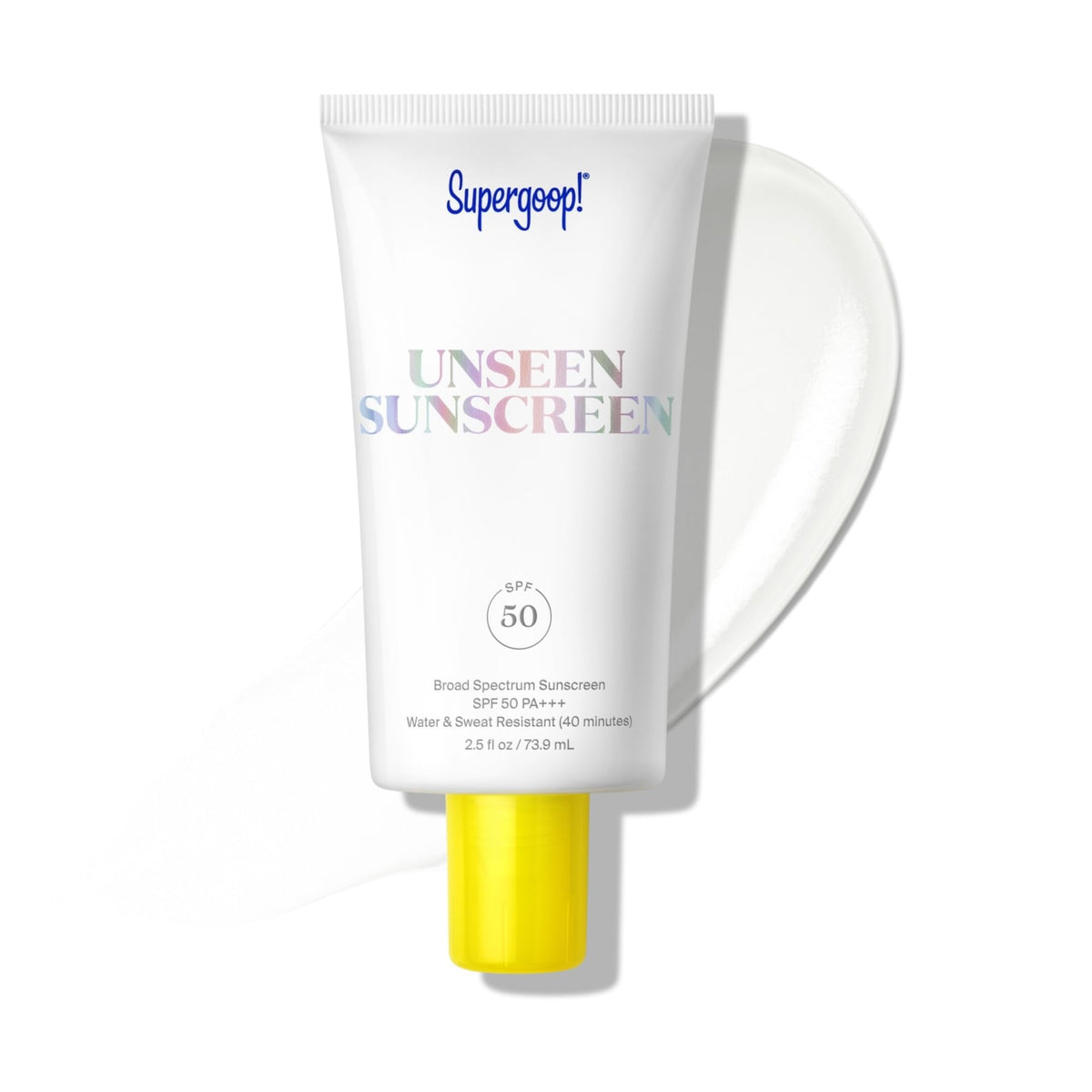 Supergoop! front packaging showing clear SPF tube and benefits