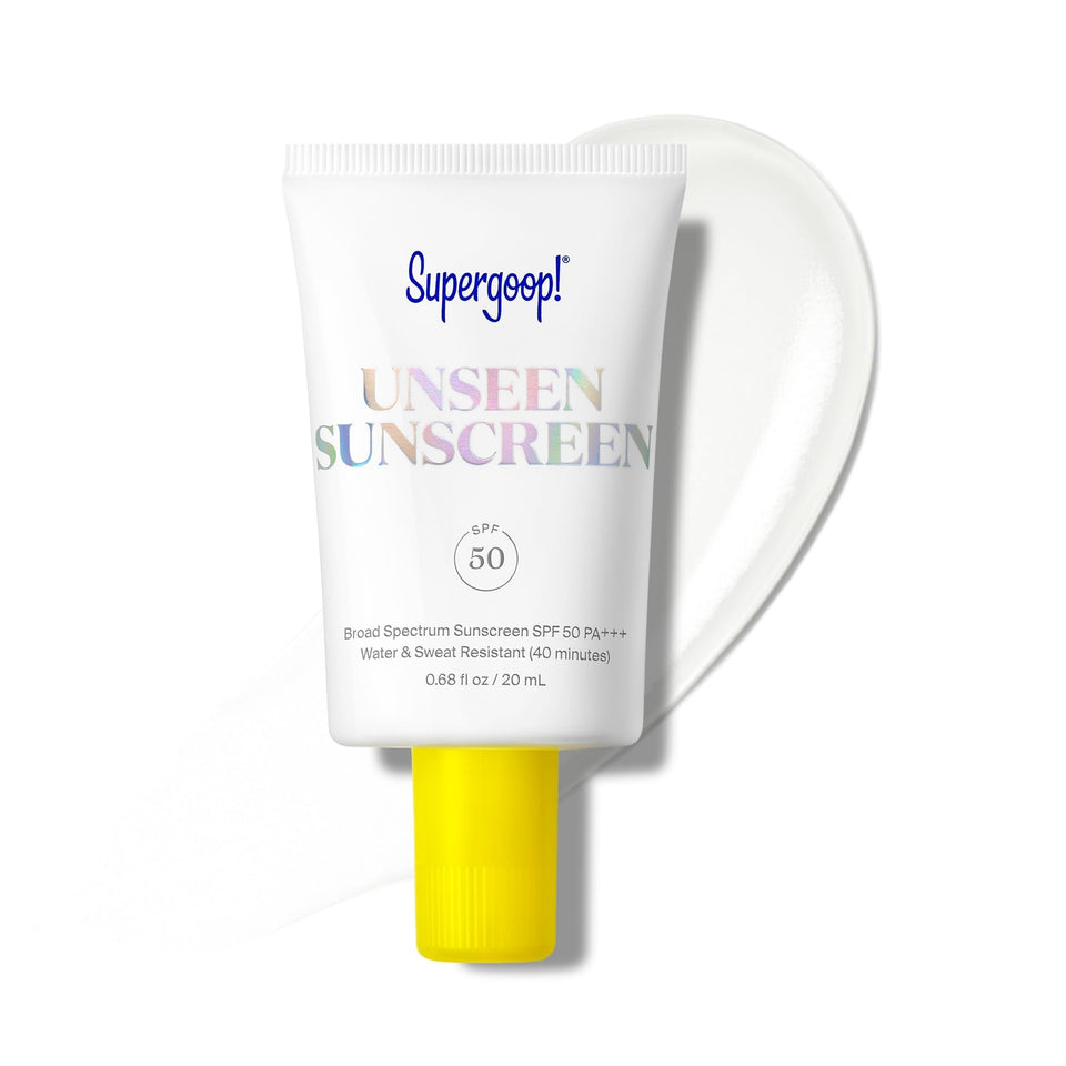 Supergoop! Unseen front tube showing compact sunscreen packaging and portability