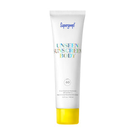 Supergoop! front packaging showing clear SPF 40 bottle and label benefits