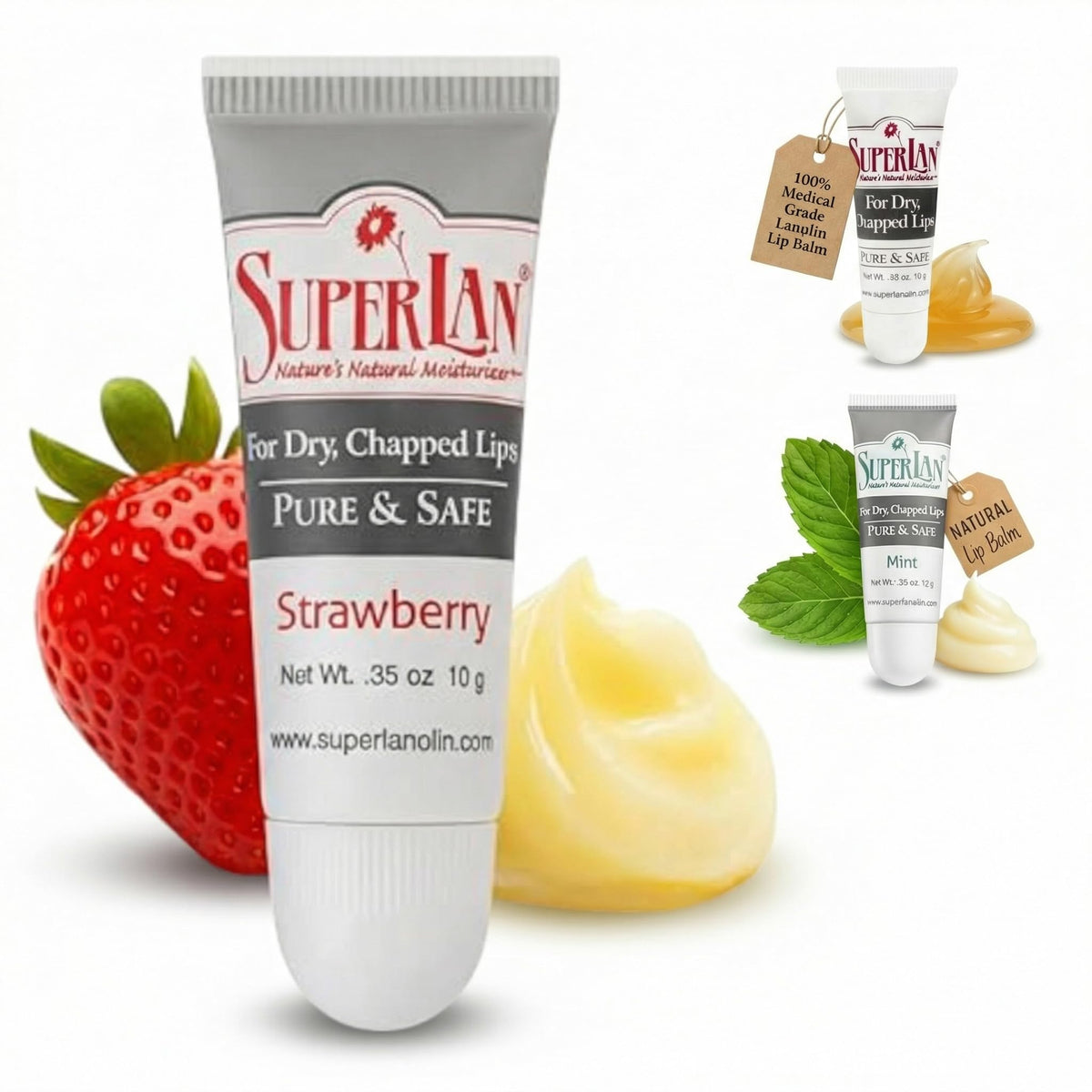 superlan front tube strawberry showing compact travel-friendly balm