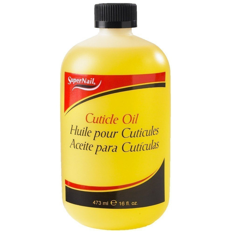 SuperNail cuticle oil bottle front view showing label and professional salon size benefit