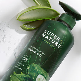 Supernature in-shower use on wet hair demonstrating gentle cleansing benefit