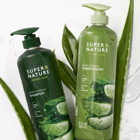 Supernature shampoo pump close-up highlighting easy dispensing benefit