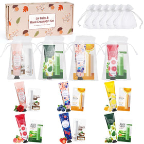 SUPERSUN front view of set showing lip balms hand lotions and organza bags for gifting