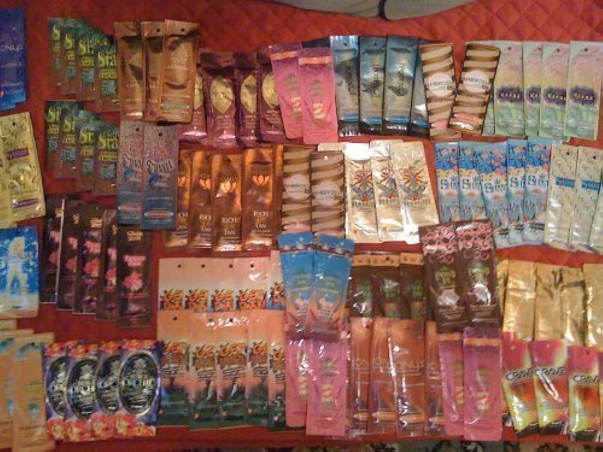 Supre front packet display showing assorted tanning lotion options and easy trial use