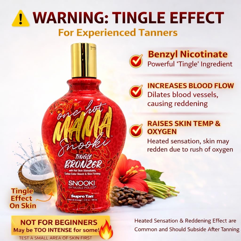 Supre Snooki back label close-up displaying ingredients and usage instructions for safe tanning