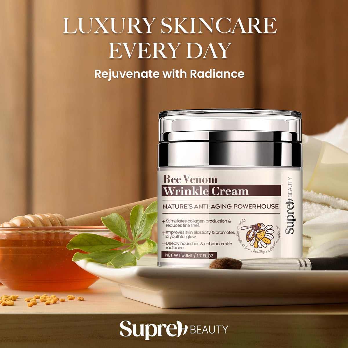 SupreH 50ML jar beside common items for size and portability clarity