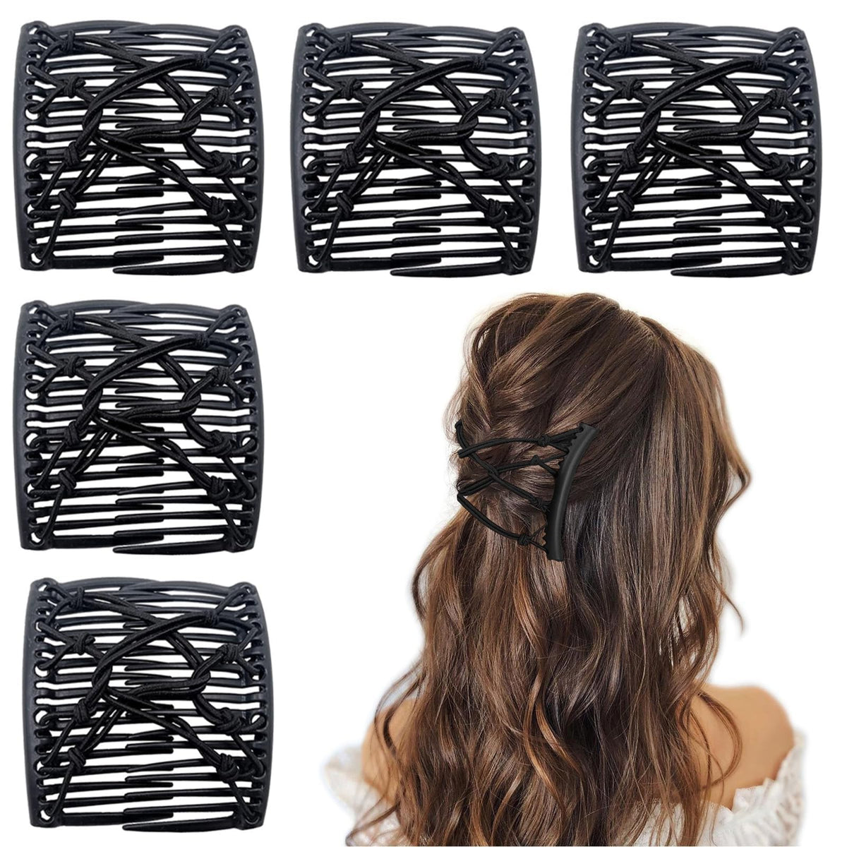 Suptizizkz front view of five black double-comb clips showing package contents and benefit