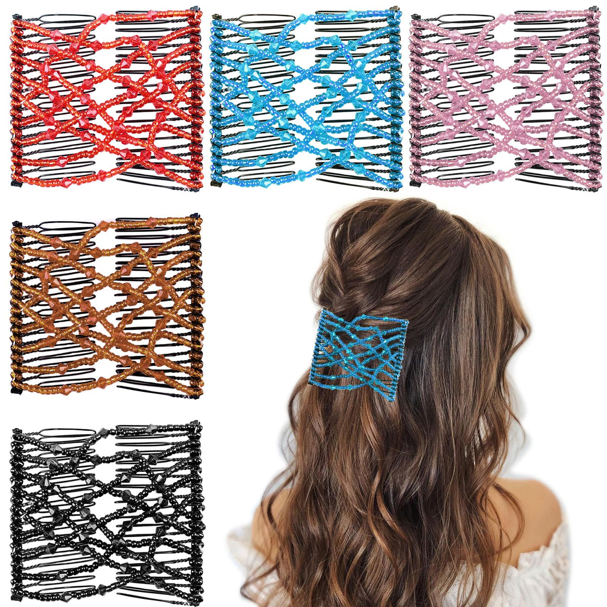 Suptizizkz multi-color pack showing five elastic combs and quick styling benefit