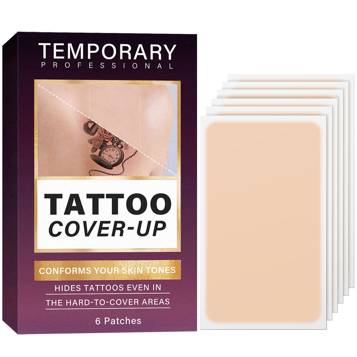 SUPVIN front packaging showing six tattoo cover up patches and branding benefit concealment
