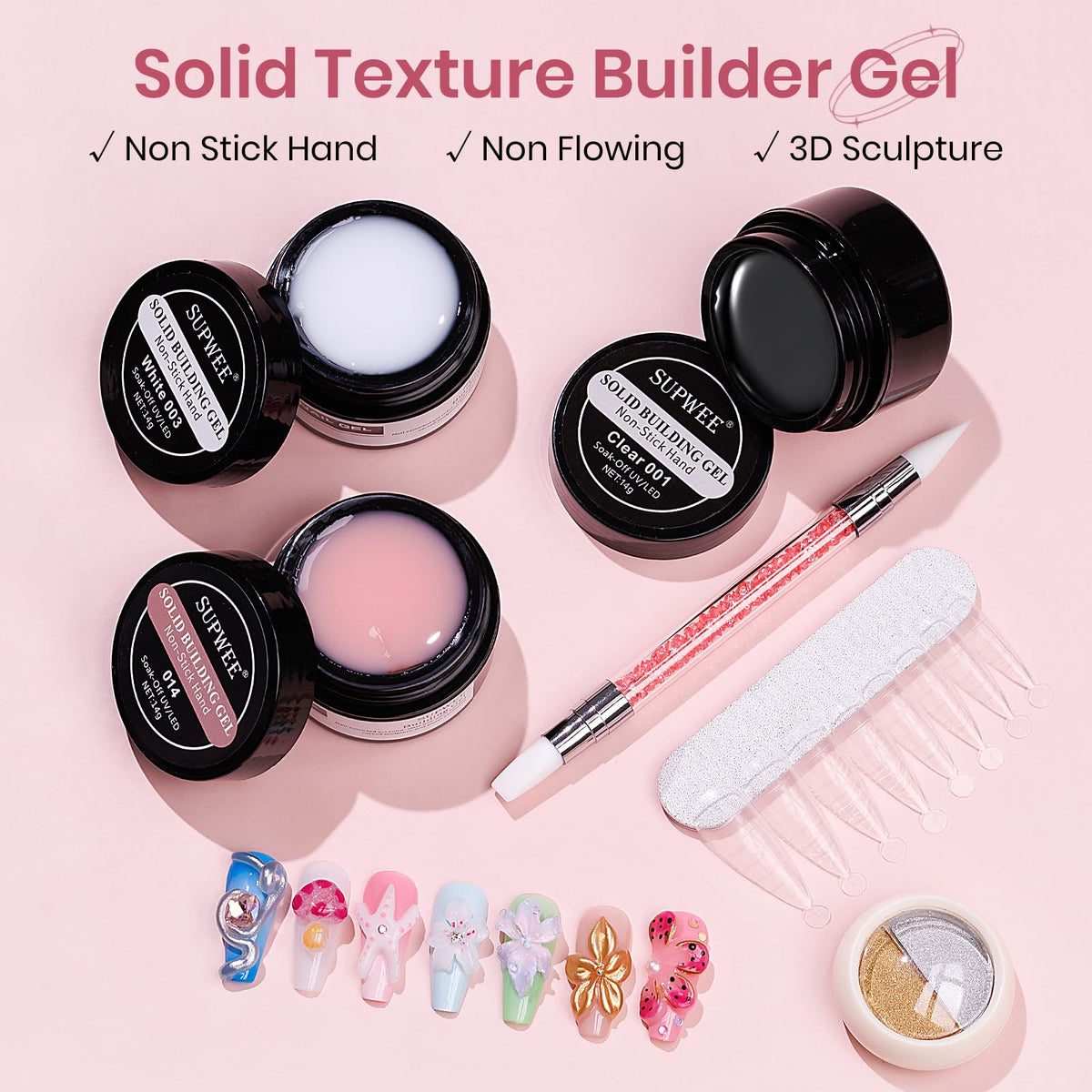 SUPWEE three solid gel jars clear nude white demonstrating color options