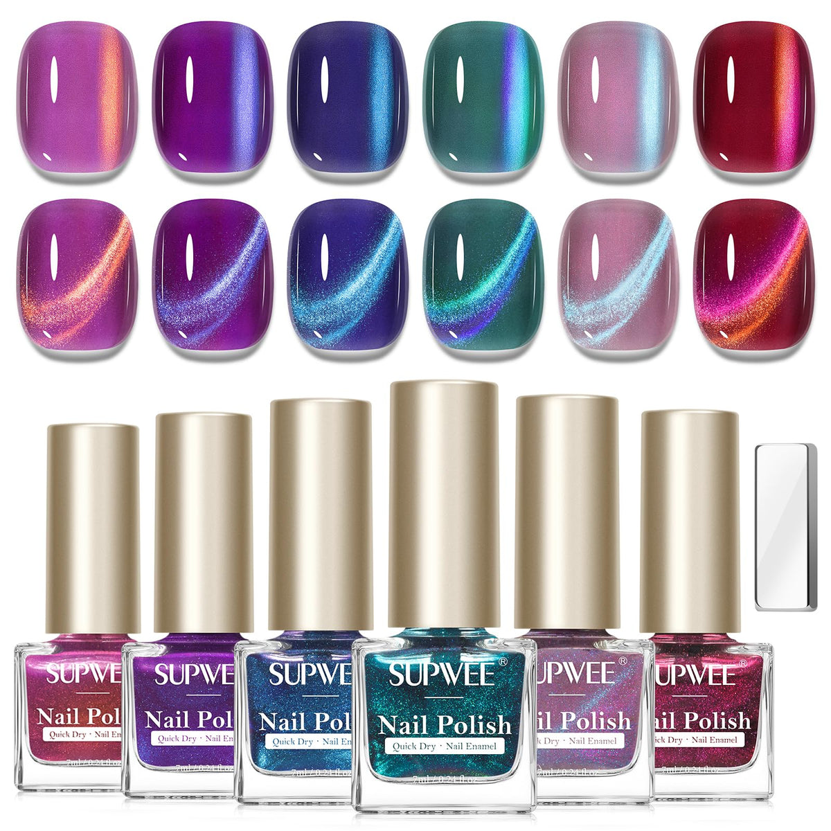 SUPWEE front packaging showing six cat eye polish bottles and brand benefit