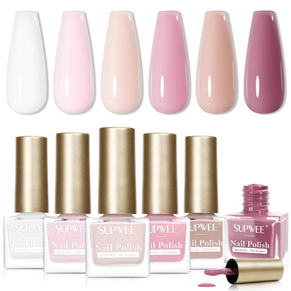 SUPWEE front packaging showing six nude polish bottles and benefits of quick dry