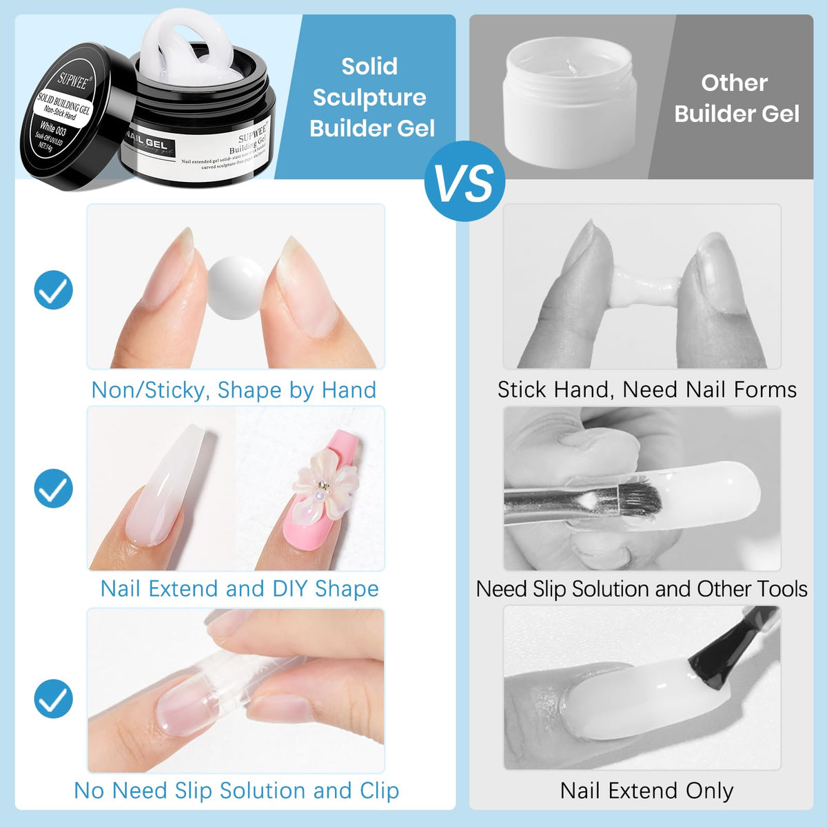 SUPWEE gel pressed on tip during sculpting showing easy application benefit