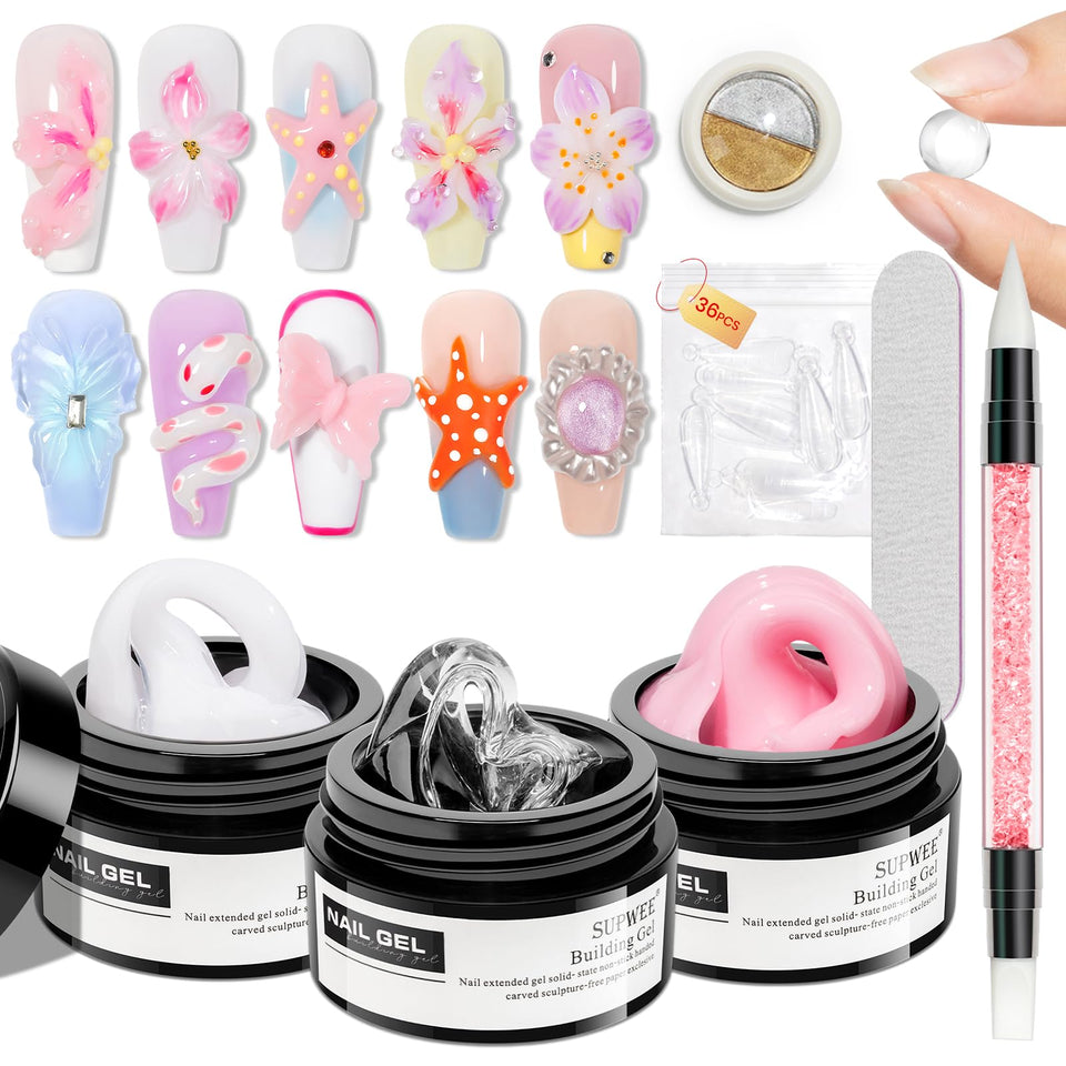 SUPWEE kit overview showing three gel jars and accessories for versatile nail extensions