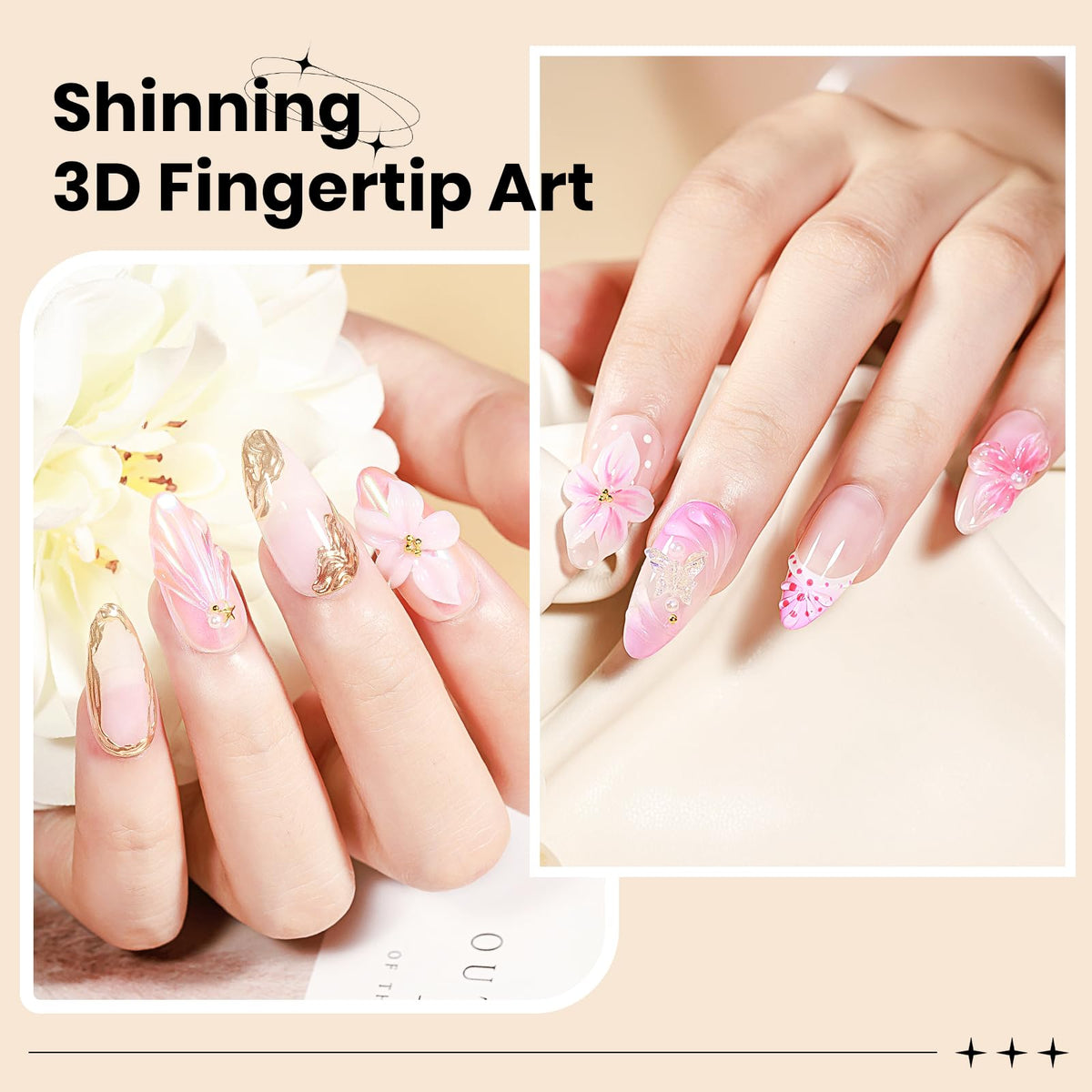 SUPWEE finished nails with 3D floral accents showing durable hold