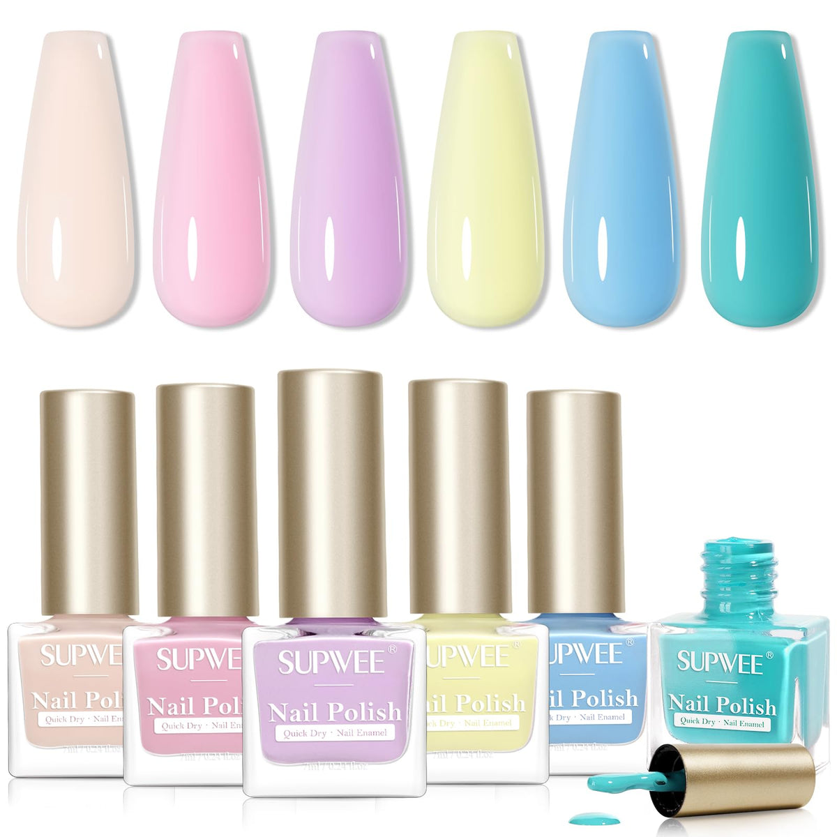 SUPWEE front packaging showing five pastel polish bottles for fast manicures