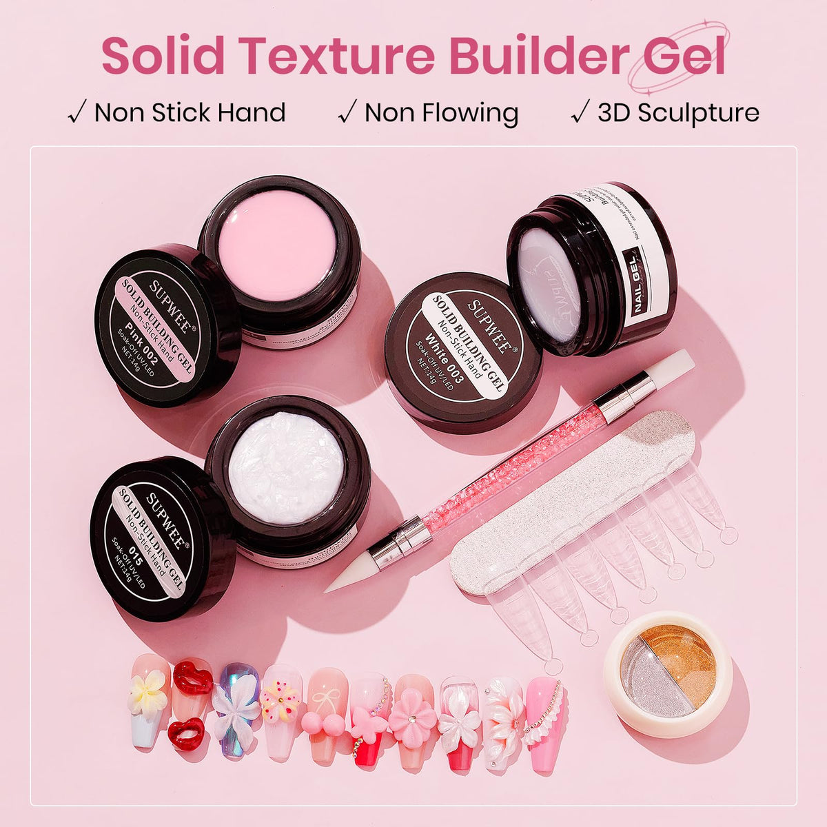SUPWEE three-builder-gel jars top view illustrating pearl white pink white shades