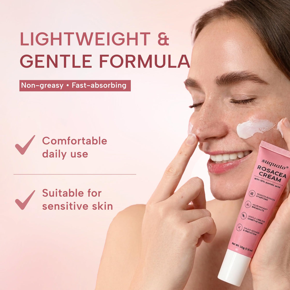 suquato being applied to cheek illustrating redness-reducing treatment use