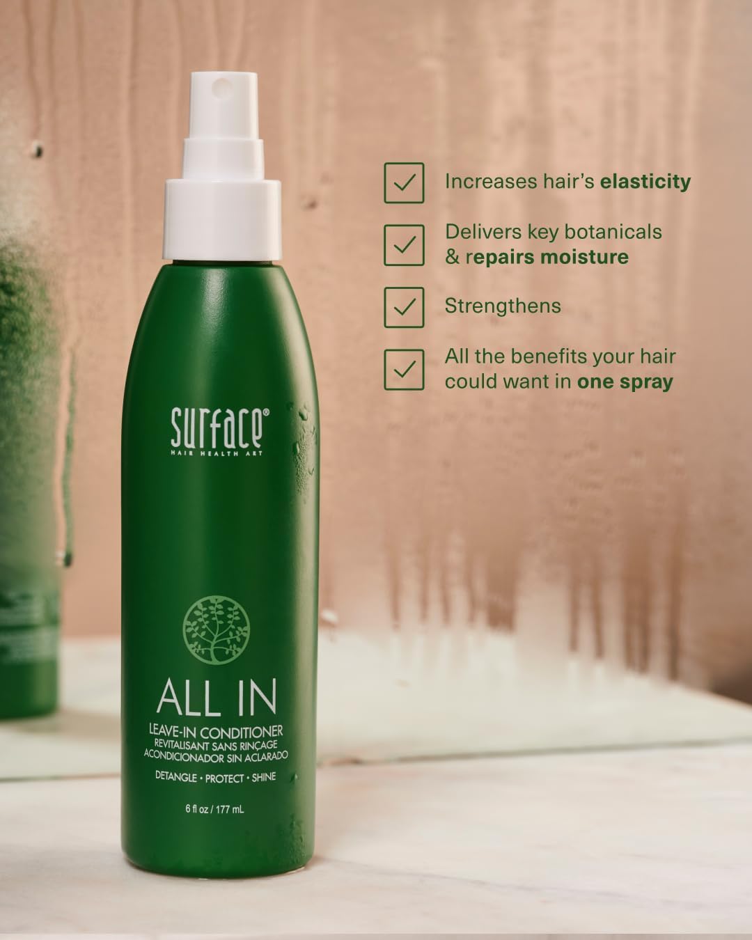 SURFACE bottle next to ruler showing 6 fl oz size