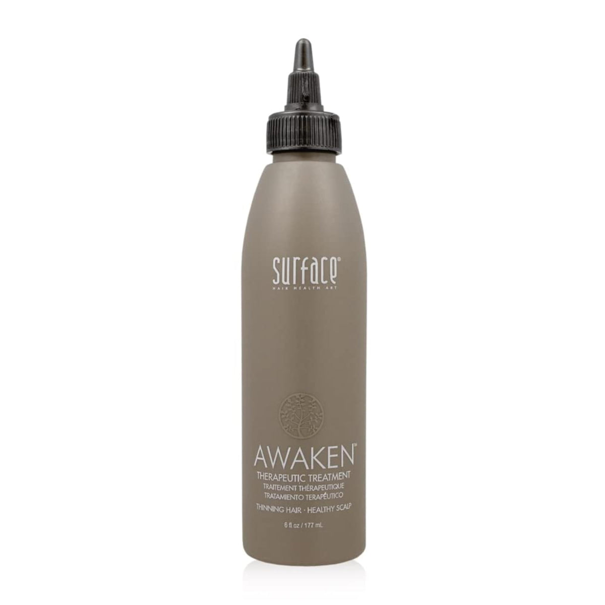 Surface Awaken front packaging showing bottle and label, highlights natural formula benefit