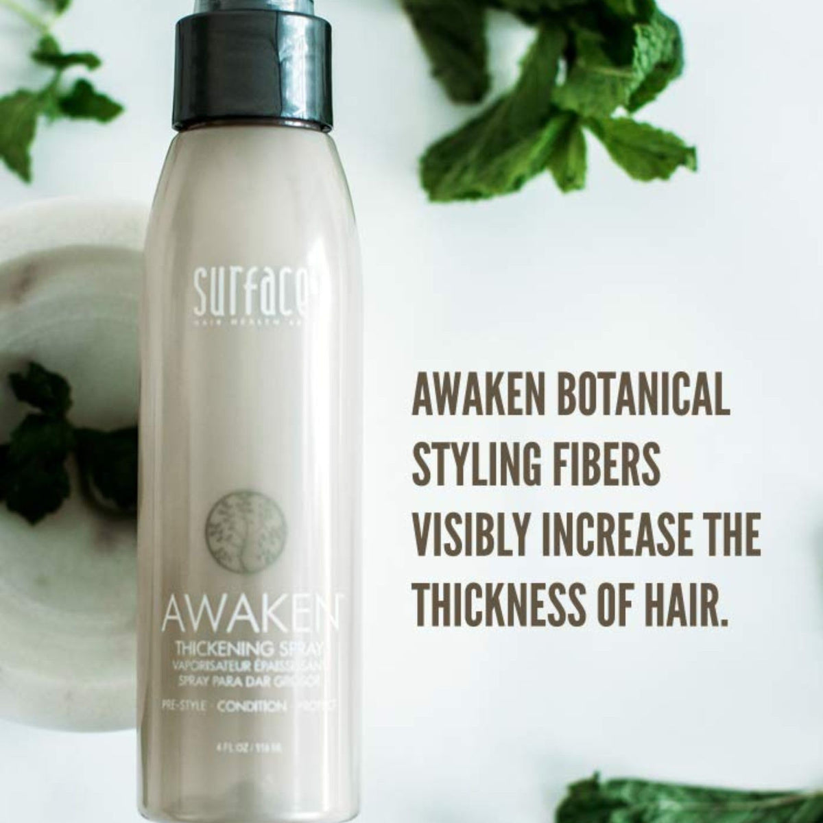 SURFACE mist applied to damp hair before blow-drying to build volume and protection