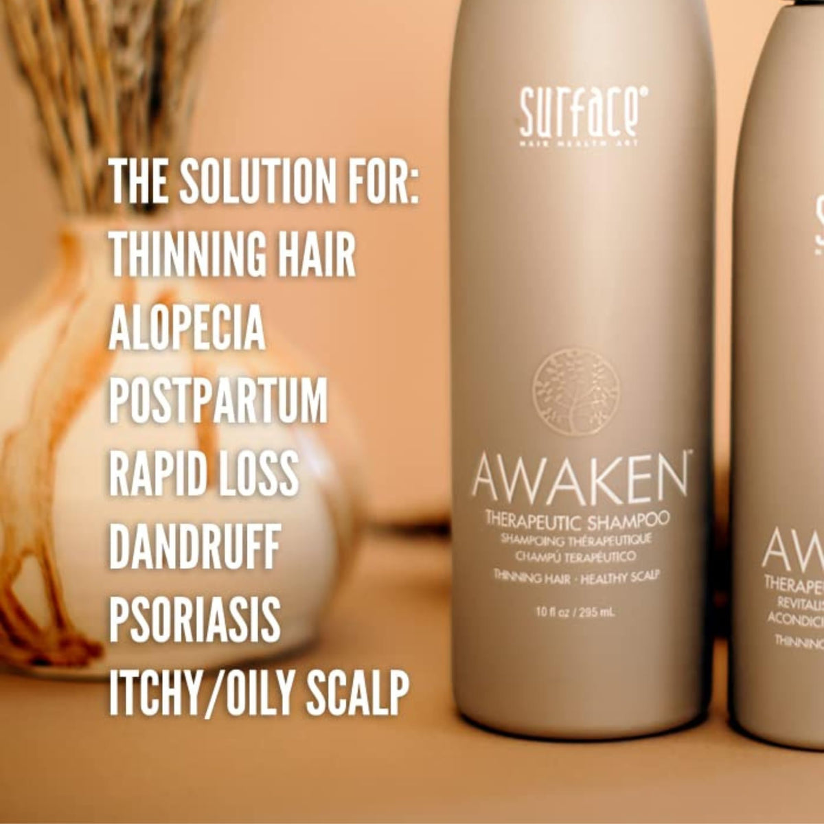 SURFACE close-up of pump and label text, showing ingredient clarity and benefit