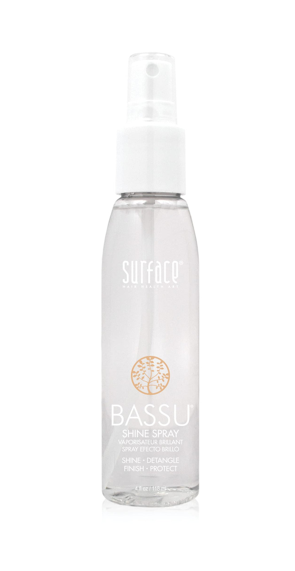 SURFACE front packaging of Bassu Shine Spray showing label and size for easy identification and shelf appeal