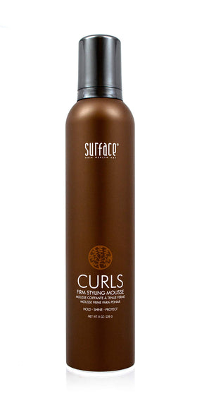 SURFACE front packaging of Curls Firm Mousse showing size and branding benefits