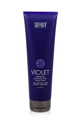 SURFACE front packaging of Pure Blonde Violet Shampoo shows branding and size, conveys clarity