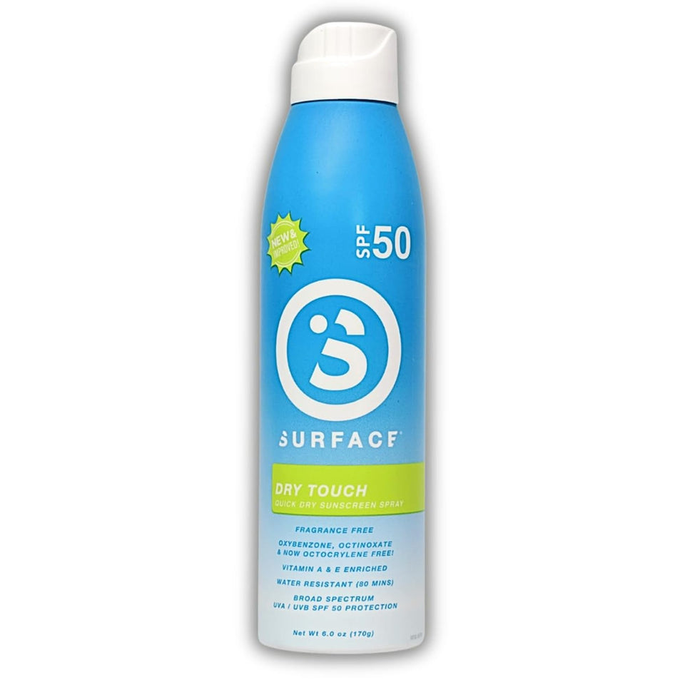 Surface Sunscreen Spray front packaging showing SPF 50 protection benefit